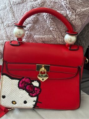 Hello Kitty Red Top-Handle Satchel with Pearl Accents and Gold Heart Lock